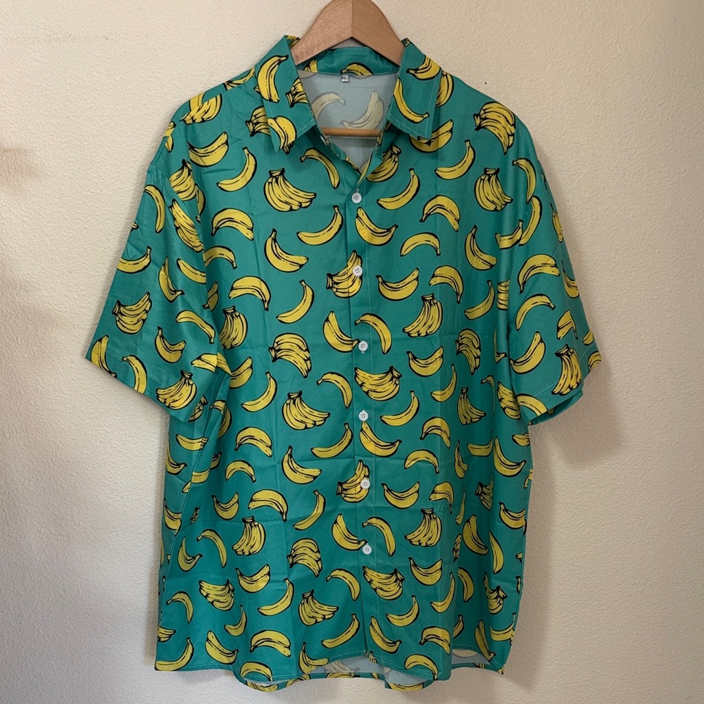 New Banana Print Green Men's Button Up Shirt